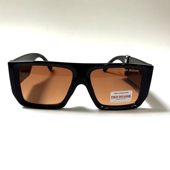 New Original TRUE RELIGION Square Sunglasses Black Acetate Wide Leg Orange Lens - Picture 2 of 6